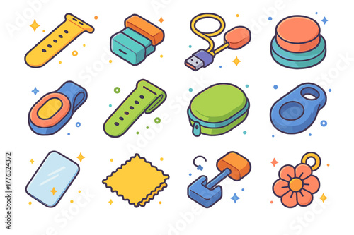 Colorful Wearable Icons. Wearable accessories. Colorful isometric vector icons set of Wearable accessories: watch band, magnetic clasp, charging cable,
