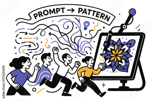 Kaleidoscopic Digital Dance. Generative & AI art. Code lines weave into kaleidoscopic forms; ?Prompt > Pattern? ribbon arcs above a glowing canvas. A plotter