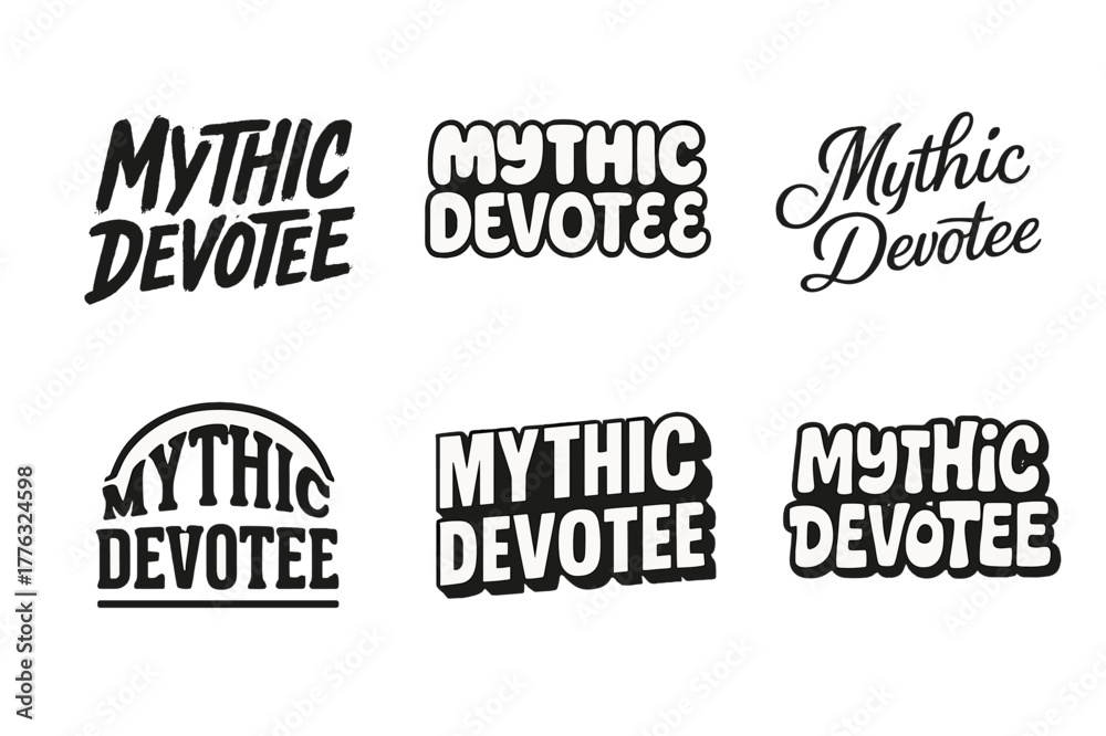 Obraz premium Mythic Lettering Variations. Mythic Devotee. Set lettering. harmonious lettering variations of the same emblematic concept (Grunge textured brush lettering,