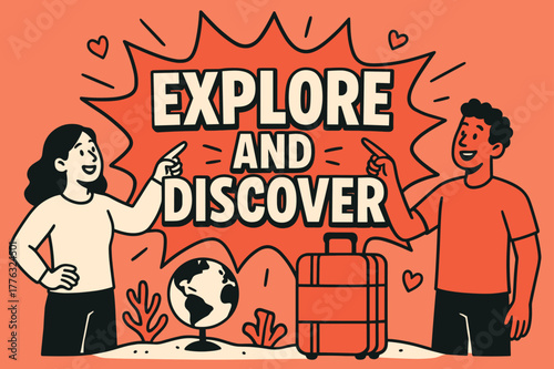 Explore and Discover. Explore and discover banner, flat vector illustration, bold oversized text inside splash explosion, cartoon characters standing and
