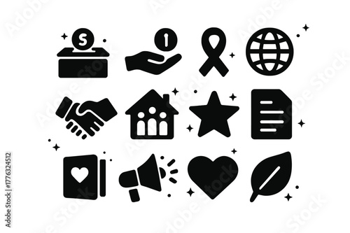 Charity Icons Collection. Charity and Support Foundations. Solid icons set of Charity and Support Foundations: donation box, coin hand, charity ribbon, globe,