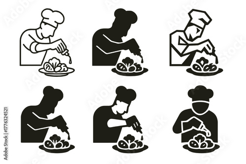 Chef's Artistic Touch. A chef adding a drizzle of balsamic glaze over a dish of grilled vegetables. Set Logo of A chef adding a drizzle of balsamic glaze over