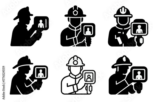 Firefighting Technology Logos. Firefighters and emergency services working with technology. Set Logo of firefighters and emergency services working with
