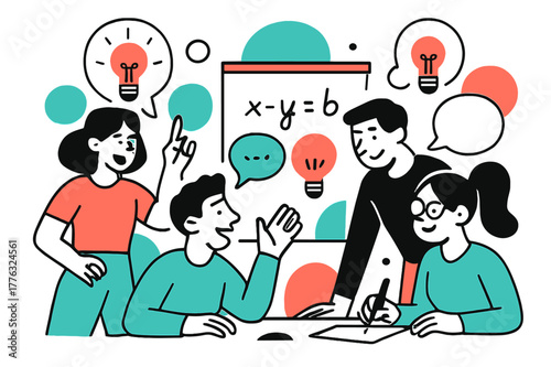 Creative Brainstorming Session. Creative problem-solving and collaboration. A group of people brainstorming, with thought bubbles and lightbulbs surrounding