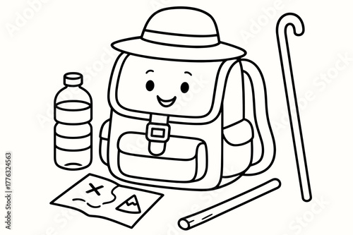Pilgrimage Backpack Illustration. Pilgrimage backpack basics children?s coloring book illustration, outlined drawing, a cheerful backpack with a water bottle,
