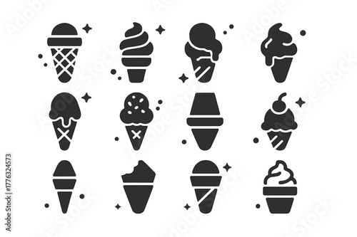 Ice Cream Icon Set. Ice cream cones. Solid icons set of ice cream cones: waffle cone, soft serve swirl, double scoop, melting cone, chocolate dipped cone,