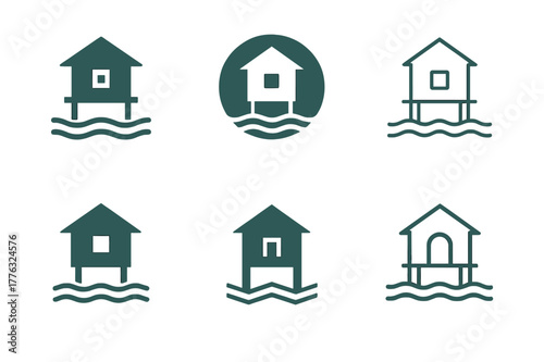 Floating Neighborhood Logos. Floating neighborhoods. Set Logo of floating neighborhoods: flood-resilient stilt houses. Icon set. harmonious logo variations of