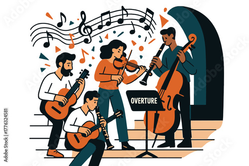 Dynamic Musical Ensemble. Amphitheater ? Live Musicians. A small ensemble tunes beside the stage; notes and rhythm dots coil upward. Label ?overture? glows on