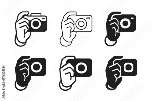 Camera Icon Variations. Holding a camera. Set Logo of Holding a camera: hand holding compact point-and-shoot with wrist strap. Icon set. harmonious logo