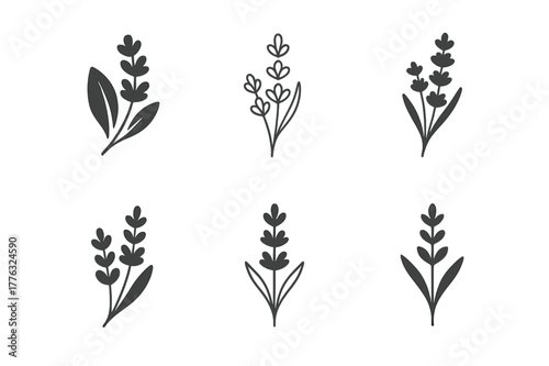 Sleep Essentials Logos. Sleep essentials. Set Logo of Sleep essentials: lavender sprig bundle. Icon set. harmonious logo variations of the same emblematic