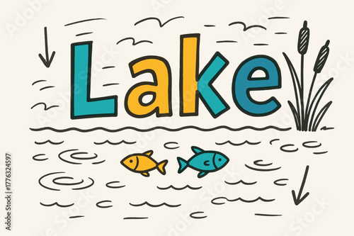 Playful Lake Doodle. Doodle / Sketch ? "Lake" in playful hand-drawn letters, rough sketch outlines with arrows, small ripples, fish, and reed doodles