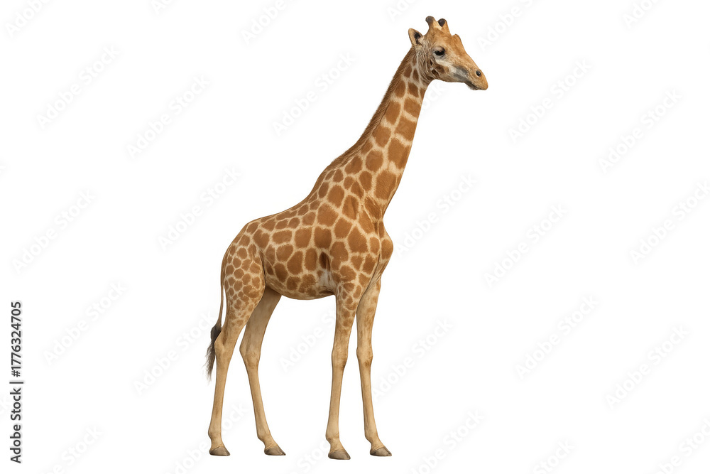 Fototapeta premium Giraffe standing isolated, african wildlife mammal looking right with long neck and spotted fur, transparent background
