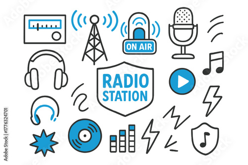 Radio Station Doodle. Radio station logo. Hand-drawn doodle illustration radio station logo broadcast tower (accented), radio dial, on-air sign (accented),