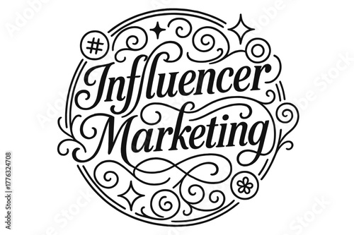 Elegant Influencer Design. Influencer Marketing ? flourished classic ornamental lettering; medium-weight strokes with elegant swashes and balanced curls;