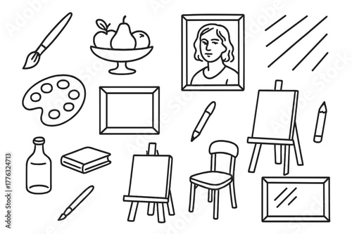 Art Studio Elements. Realism painting. Hand-drawn doodle illustration realism painting brush, fruit bowl, portrait, light rays, frame, palette, easel, pencil,