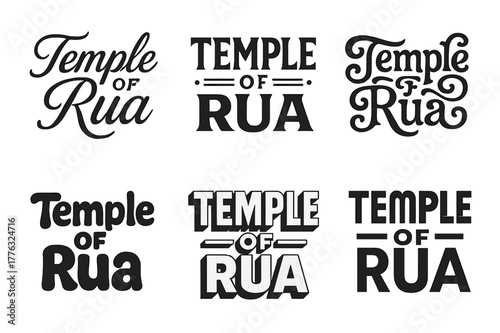 Rua Temple Typography. Temple of Rua. Set lettering. harmonious lettering variations of the same emblematic concept, each with different artistic