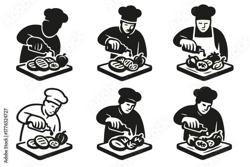 Chef's Balsamic Glaze Logos. A chef adding a drizzle of balsamic glaze over a dish of grilled vegetables. Set Logo of A chef adding a drizzle of balsamic glaze