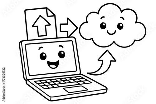 Laptop and Cloud. Uploading to the cloud children?s coloring book illustration, outlined drawing, a cheerful laptop sending a file with an arrow toward a