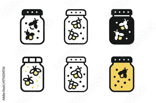 Firefly Logo Variations. Catching fireflies. Set Logo of catching fireflies: jar with perforated lid. Icon set. harmonious logo variations of the