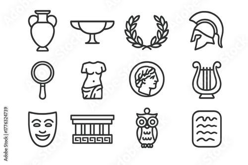 Greek Relics Icons. Greek relics. Line icon set of Greek relics: amphora, kylix, laurel wreath, hoplite helmet, bronze mirror, statue fragment, drachma coin,