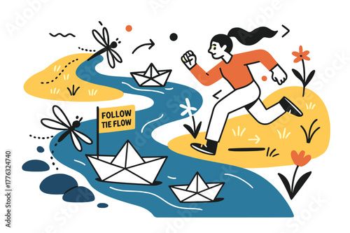 Winding Water Wonderland. Winding stream. A blue ribbon of water curls through the meadow as paper boats drift; ?Follow the flow? written on a tiny flag.