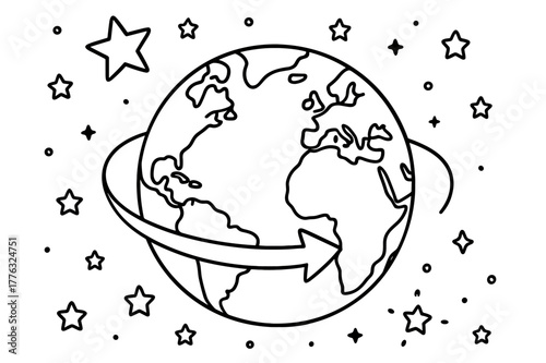 Earth's Rotation Coloring. Stars and Earth?s rotation children?s coloring book illustration, outlined drawing, a globe showing a curved arrow of rotation with