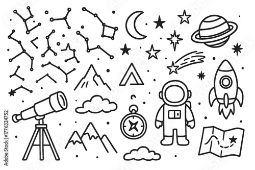 Celestial Objects Doodle. Star constellations. Hand-drawn doodle illustration constellation lines, stars, telescope, moon, planet, night sky, mountain,