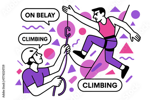 Dynamic Climbing Focus. Belay & Clip Under Pressure. Belayer feeds rope, device hums; above, a climber reaches past a quickdraw with laser focus. ?On belay /