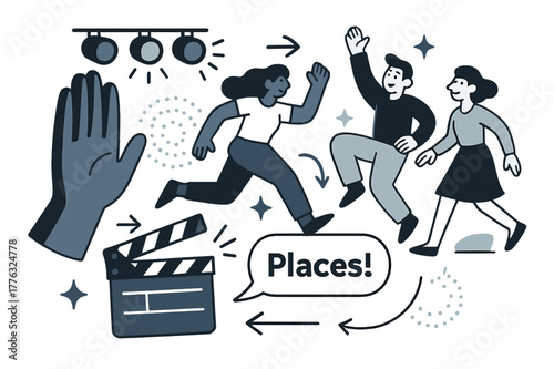 Dynamic Stage Directions. Amphitheater ? Director?s Cue. A raised hand gives the signal; cue lights blink in a tidy sequence. Notation ?Places!? springs from a