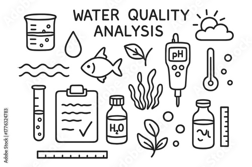 Water Quality Doodle. Water quality analysis. Hand-drawn doodle illustration Water quality analysis beaker, droplet, wave, fish, pH meter, thermometer, test