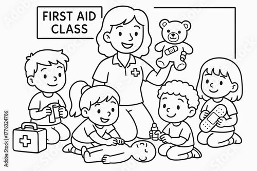 First-Aid Fun. Community first-aid class children?s coloring book illustration, outlined drawing, instructor showing a teddy bear bandage while kids practice