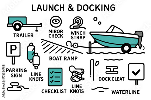 Launch & Docking Doodle. // Launch & docking. Hand-drawn doodle illustration Launch & docking [trailer (accented), boat ramp (accented), winch strap, bow hook
