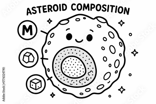 Asteroid Layers Coloring. Asteroid composition children?s coloring book illustration, outlined drawing, cutaway asteroid showing layers with icons for metal,
