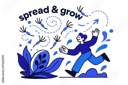 Seeds in Motion. Seeds ? Wind Scatter. Light gusts lift seeds from a pod; spiral lines mark flight paths. Text ?spread & grow? arcs through the breeze. Modern