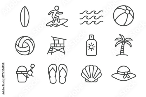 Summer Sports Icons. Summer sports. Line icon set of summer sports: surfboard, surfer, waves, beach ball, volleyball, lifeguard tower, sunscreen bottle, palm