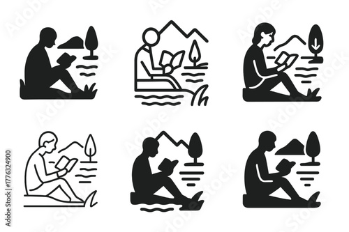 Nature Serenity Logos. People enjoying peaceful, solitary moments in nature. Set Logo of People enjoying peaceful, solitary moments in nature: reader sitting