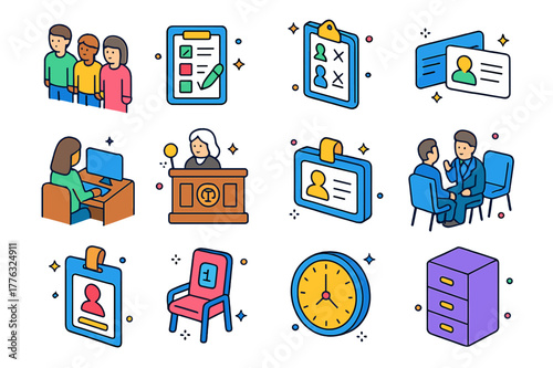 Jury Selection Icons. Jury selection process. Colorful isometric vector icons set of Jury selection process: potential jurors line, questionnaire form,