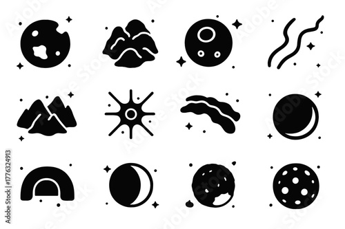 Lunar Terrain Icons. Lunar surface features. Solid icons set of Lunar surface features: maria plain, highlands, crater, rille, mountain range, ray system,