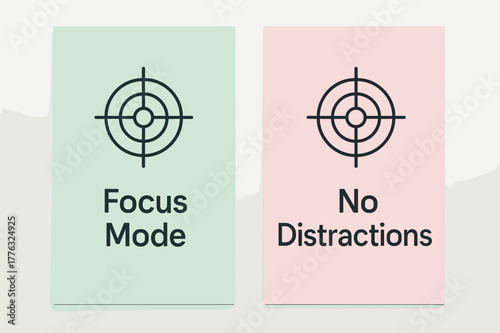 Focus Mode Banners. Focus. Two vertical A6 banners with safe margins, centered composition, no elements touching edges, minimal, pastel mint and pink, focus