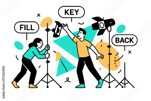 Cinematic Lighting Setup. Behind-the-scenes filming ? Lighting setup. C-stands rise like graphic trees; barn doors flare as beams turn into neat triangles.