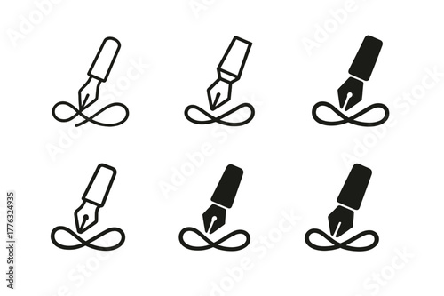 Stylized Pen Logo Grid. Handwriting practice worksheet. Set Logo of Handwriting practice worksheet: fountain pen writing letter loops. Icon set. harmonious