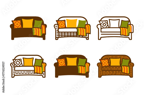 Colorful Garden Logo Variations. Adding colorful outdoor cushions and throws to a garden seating area. Set Logo of outdoor sofa set: wicker sofa with patterned