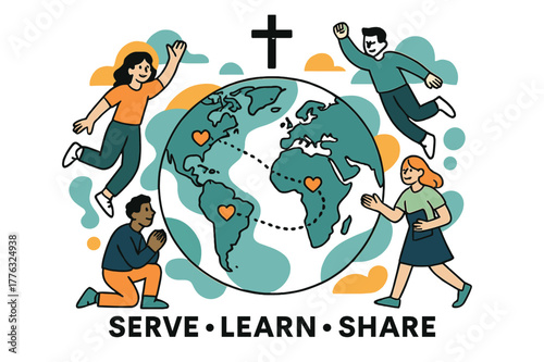 Global Mission Map. Global Mission Map. A gentle cross icon sits above a world map with dotted flight paths; small hearts mark partner communities. Text reads