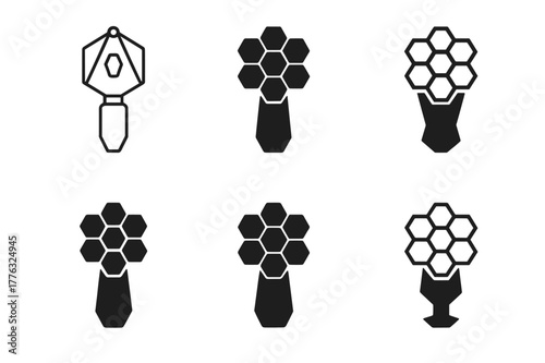 Space Telescope Logos. space telescopes. Set Logo of space telescopes: hexagonal segmented primary mirror. Icon set. harmonious logo variations of the same
