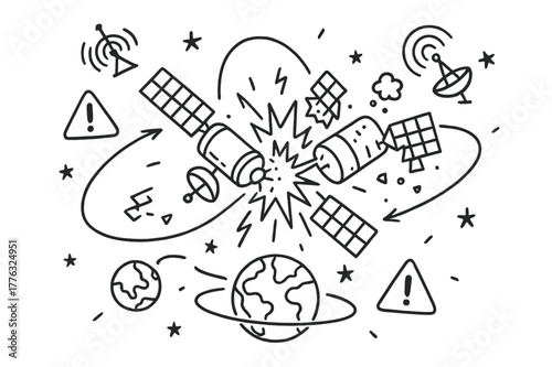 Satellite Collision Chaos. Satellite collision. Hand-drawn doodle illustration satellite collision two satellites, explosion burst, broken solar panel, orbit