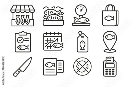Fish Market Icons. Fish Markets and Consumers. Line icon set of Fish Markets and Consumers: market stall, iced fish display, weighing scale, reusable bag,