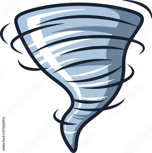 A blue and white vector cartoon illustration of a stylized tornado or whirlwind with visible swirling lines, depicted as a powerful, conical vortex.