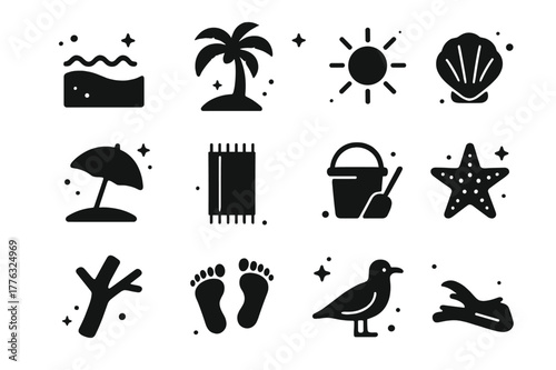 Quiet Shore Icons. Quiet Shore. Solid icons set of Quiet Shore: sand, ocean waves, palm tree, sun, seashell, beach umbrella, towel, bucket, starfish,