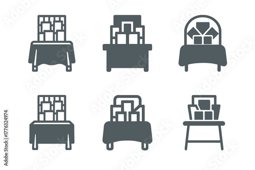 Artist Alley Logos. Fan conventions and cosplay events. Set Logo of artist alley: table with print rack. Icon set. harmonious logo variations of the same
