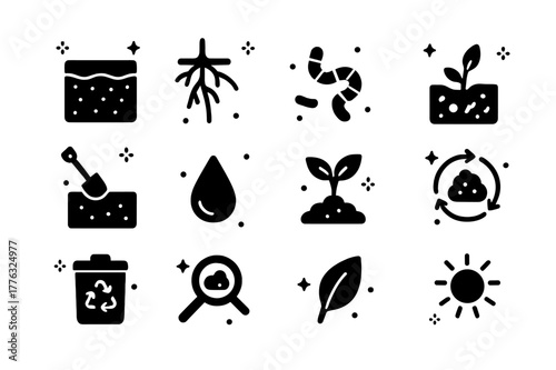 Soil Health Icons Grid. Soil Health. Solid icons set of Soil Health: soil profile, root system, worms, microorganisms, shovel, droplet, plant sprout, nutrient